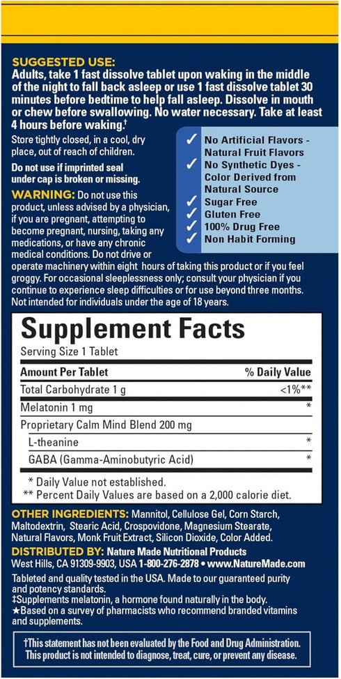 Nature Made Back to Sleep - Melatonin Fast-Dissolve Tablets, L-Theanine and GABA for Relaxation, 40 Tablets