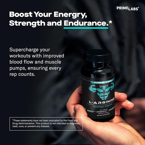 Prime Labs L Arginine Nitric Oxide - with L-Arginine 1500mg - Supports Blood Flow, Energy, Strength, Endurance - 60 Capsules