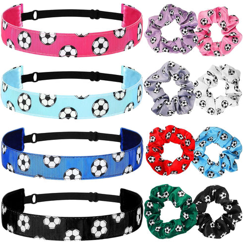 MTLEE 12 Pcs Soccer Hair Accessories, 8 Soccer Hair Scrunchies and 4 Non-Slip Adjustable Headbands for Girls Teens