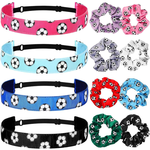 MTLEE 12 Pcs Soccer Hair Accessories, 8 Soccer Hair Scrunchies and 4 Non-Slip Adjustable Headbands for Girls Teens