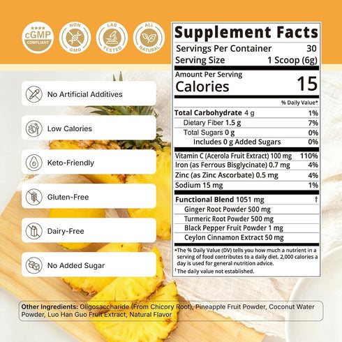 Immunity 30 Juicing Ginger Shots, Pineapple Ginger Turmeric Drink with Vitamin C, Zinc & lron, Superfood Juice Powder
