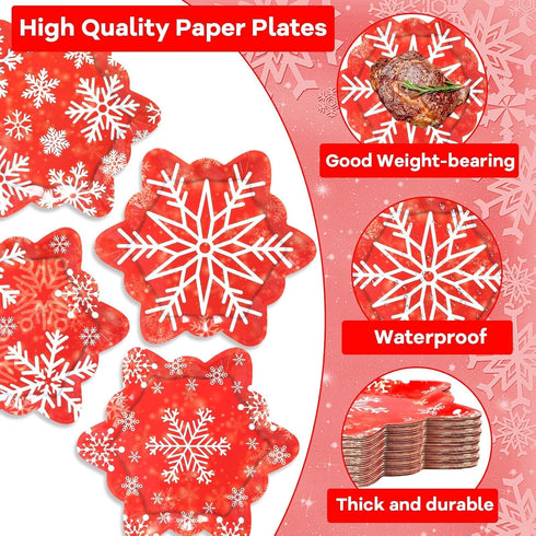 Naozinebi 48 Count 9inch Winter Snowflake Paper Plates Red Christmas Plates Red Snowflake Shaped Christmas Dessert