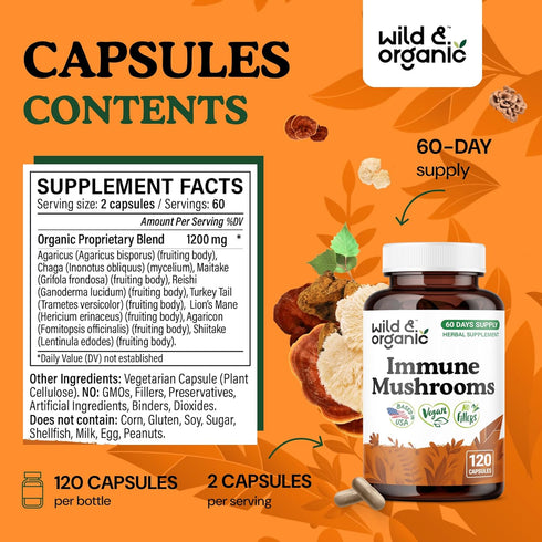 Immune 8 Immunity 60 120 Count Wild & Organic Mushroom Blend Capsules - Mushroom Complex Supplements for Support