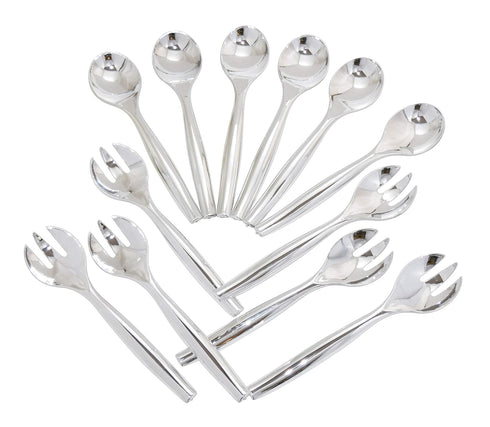 12 Heavy Duty Disposable Plastic Serving Utensils, 10" Forks & Spoons, Silver, Six Each