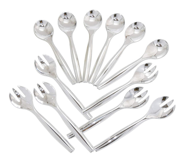 12 Heavy Duty Disposable Plastic Serving Utensils, 10" Forks & Spoons, Silver, Six Each