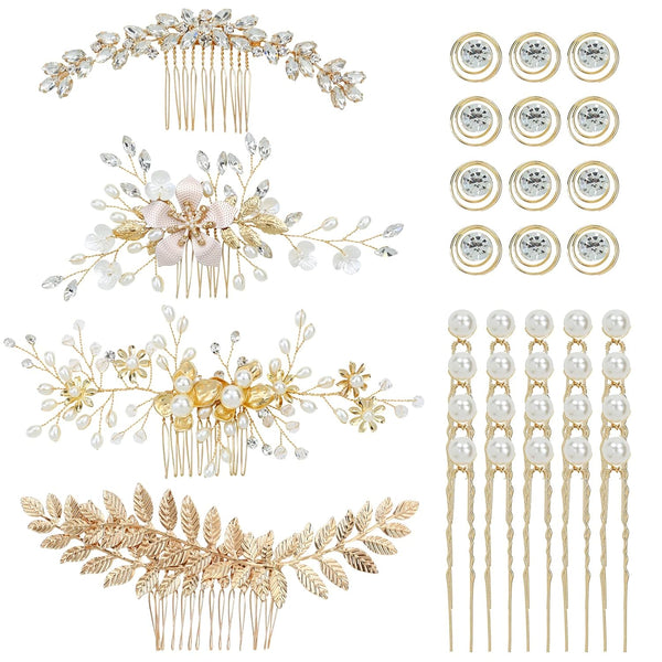 inSowni 36 Pack Gold Flower Leaf Bridal Wedding Hair Accessories, U-shaped Pearl Hair Pins, Rhinestone Clips