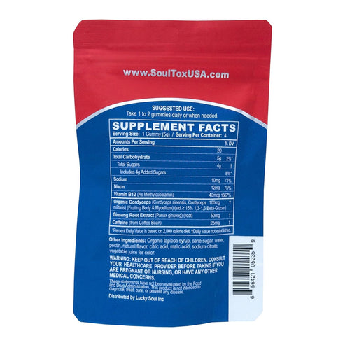 Soultox Energy Mushroom Gummies Strawberry - Vegan Formula with Ginseng, Cordyceps, Caffeine, Vitamin B12 - Boosts Energy and Cognitive Function - Natural Ingredients - Single Pack