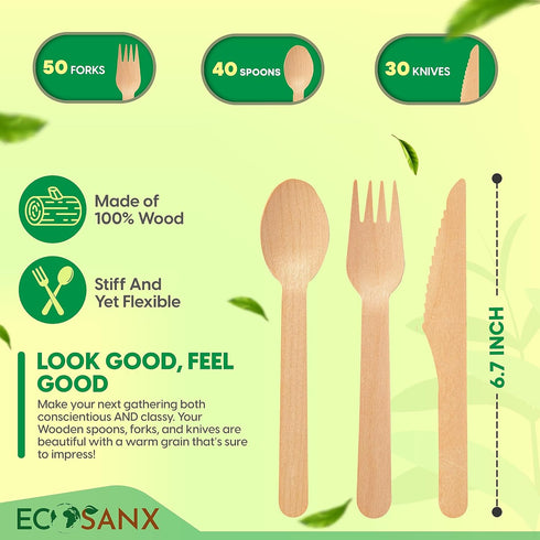 120 PCs Wooden Cutlery set | 6.5" Splinter Free Compostable Utensils, Biodegradable, Eco-Friendly | 100% All - Natural Bamboo Utensils for Outdoor, Party & More - Disposable Bamboo cutlery by ECOSANX