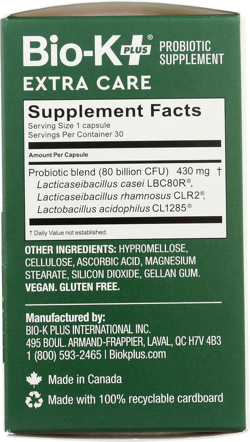 Bio-K + Extra Care Probiotic Supplement Capsules for Adult Men and Women, 80 Billion Active Bacteria, 20 Capsules/Box