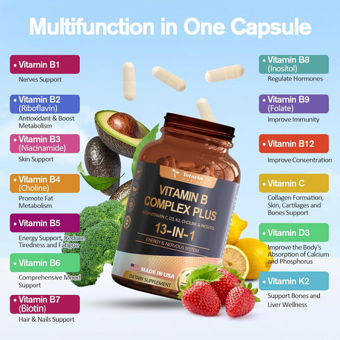 13-in-1 Vitamin B Complex Plus with B1, B2, B3, B4, B5, B6, B7, B8, B9, B12, C, D3, K2 - Energy, Nerve, Immune, Skin