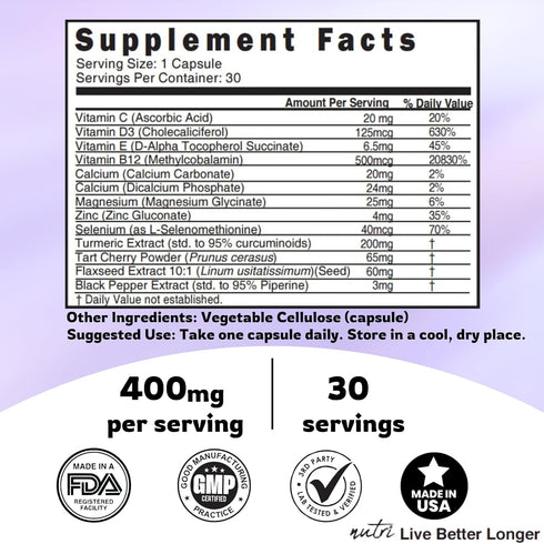 LupuEase Lupus Relief Products Multivitamin, Vitamin C, D3, E, B12, Turmeric Curcumin Extract - 30 Day Supply - 400mg