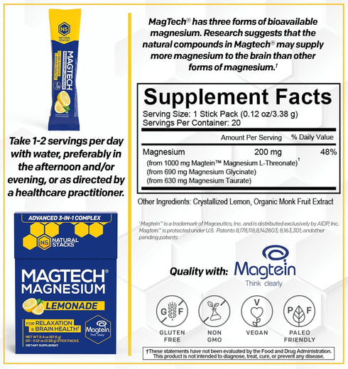 MagTech Magnesium Lemonade Drink Mix - Chelated Magnesium Complex, 20 Stick Packs