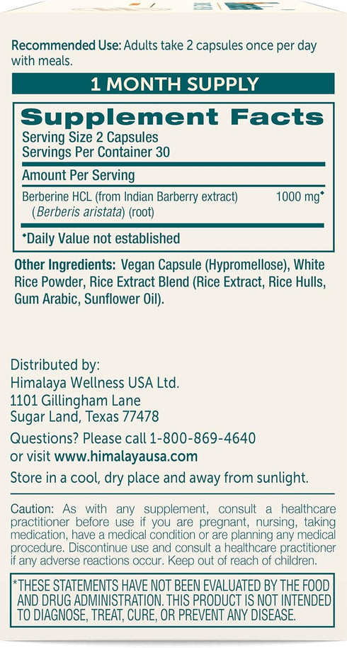 Himalaya Berberine for Metabolism & Cholesterol Support, GI Support & Immune Support, 1000 mg Serving, Berberine HCL from Indian Barberry Root, Vegan, Gluten Free, Herbal Supplement, 60 Capsules