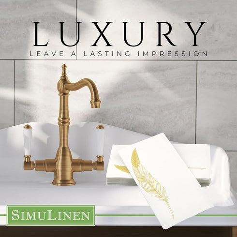 SimuLinen Paper Towels - Decorative Gold Feather Design Hand Towels for Bathroom, 12x17” (Pack of 100) Made in Germany