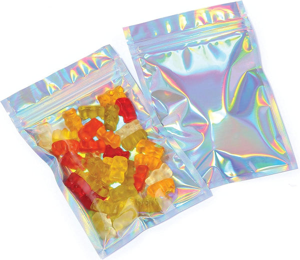 Mylar Bags with Ziplock 4 x 6" | 100 Rainbow Holographic Bags, Sealable Heat Seal for Candy, Food Packaging