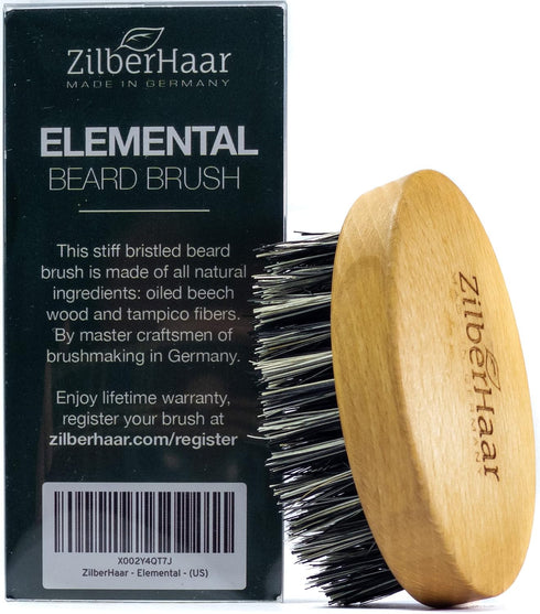ZilberHaar Elemental Beard Brush for Men, Stiff Natural Bristles and Beech Wood Mustache Brush, 3 Inches Long