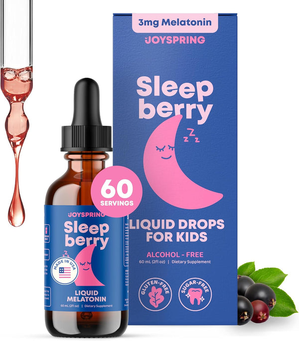 JoySpring Kids Melatonin Sleepberry 3 mg Liquid Sleep Aid with L Theanine, 60 Servings, 2 fl oz, Children's Travel