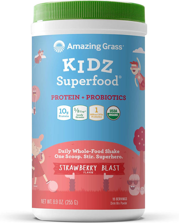 Amazing Grass Kidz Superfood | Vegan Protein & Probiotics for Kids | Strawberry Blast | 15 Servings with Beet Root