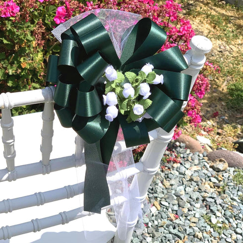 Hunter Green Pull Bows with Tulle Tails and Rosebuds, Set of 6, 8" Wide, Spring Wedding Aisle Decoration
