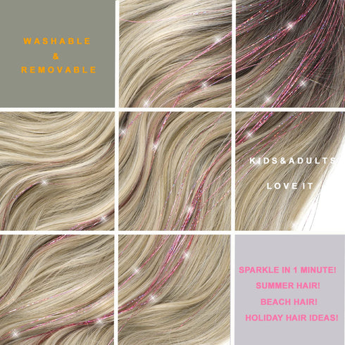 12Pcs Clip in Hair Tinsel, 23.6Inch Pink Glitter Hair Extensions, Heat Resistant Fairy Hair Kit