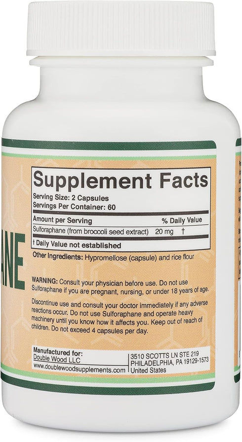 Sulforaphane Supplement, 20mg per Serving (120 Capsules), Potent Broccoli Extract for Healthy Aging by Double Wood