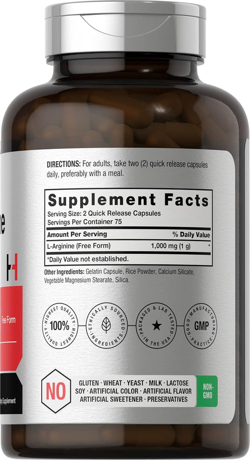 Horbaach L Arginine 1000mg Capsules | 150 Powder Pills | Non-GMO & Gluten Free Supplement