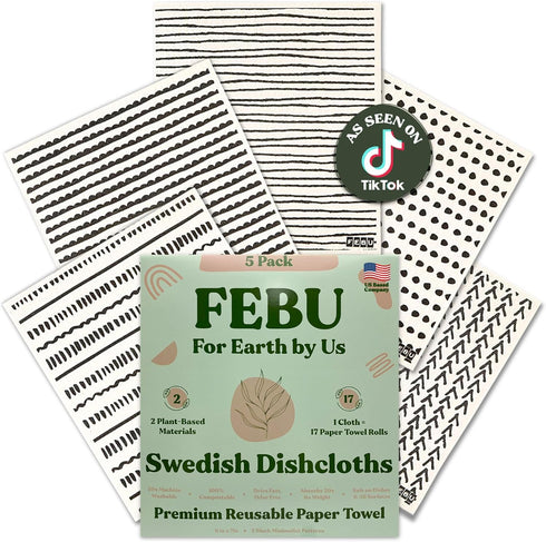FEBU Swedish Dishcloths for Kitchen, 5 Pack Black Minimalist Reusable Paper Towels, Washable and Biodegradable