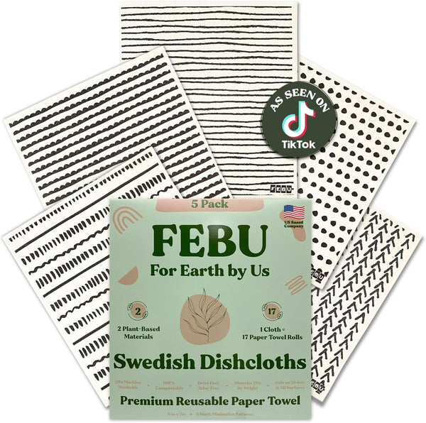 FEBU Swedish Dishcloths for Kitchen, 5 Pack Black Minimalist Reusable Paper Towels, Washable and Biodegradable