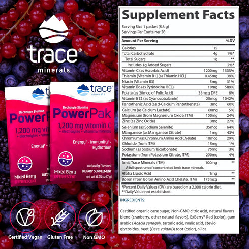 Trace Minerals Power Pak Electrolyte Powder Packets, 1200 mg Vitamin C, Zinc, Magnesium, Mixed Berry, 30 Packets