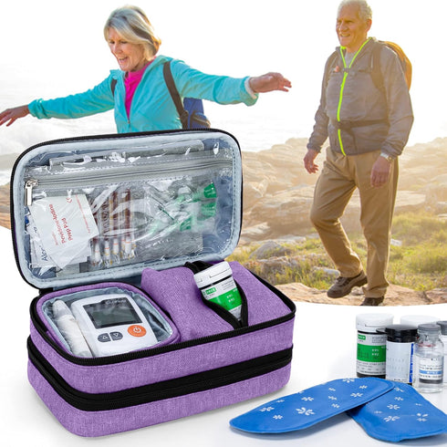 CURMIO Insulated Diabetic Supplies Travel Case, Double Layer Cooler Bag with Detachable Pouches, Purple