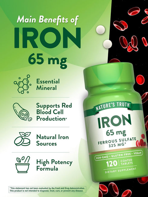 Ferrous Sulfate Iron Supplement, 65 mg, 120 Tablets, Non-GMO, Gluten Free by Nature's Truth