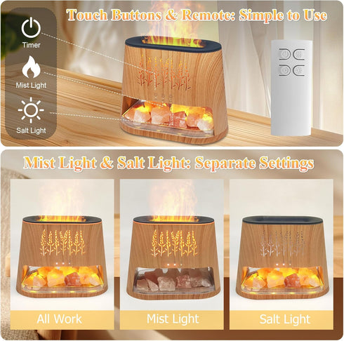 Walve 8 Fireplace Flame Diffuser & Himalayan Salt Lamp, Colors Aromatherapy Diffuser Cool Mist Humidifier with Timer