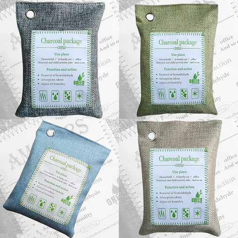 Bamboo Charcoal Bags Odor Absorber, 2 Packs 200g Charcoal Deodorizer Bags with Hooks for Home, Cars, Bathroom