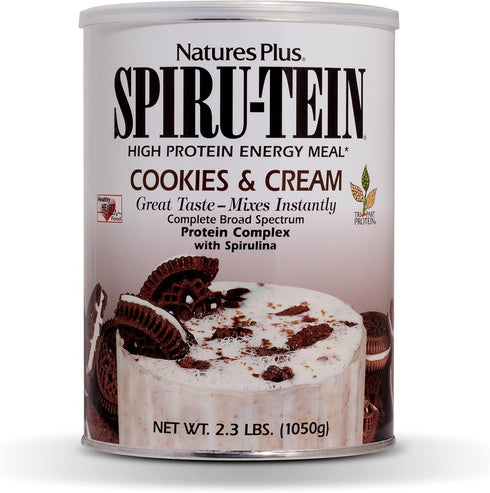 Natures Plus SPIRU-TEIN Shake - Cookies & Cream - 2.3 lbs, Plant Based Meal Replacement, 30 Servings