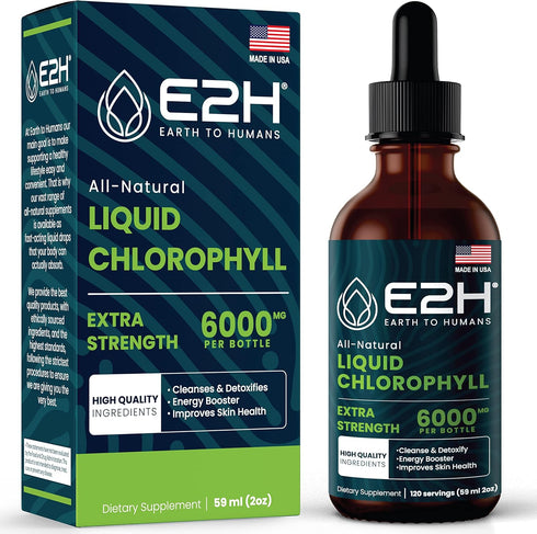 E2H Chlorophyll Liquid Drops, All-Natural Energy Booster, 2 Fl Oz, Vegan, Gluten Free