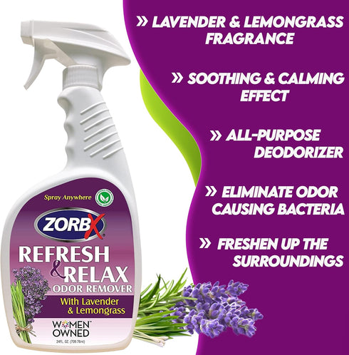 ZORBX Refresh & Relax Odor Remover Spray, 24 oz - Odor Absorbers with Lavender & Lemongrass Scent for Fabric & Room