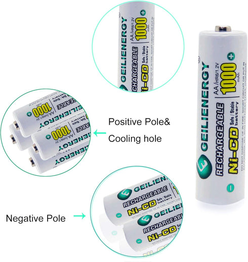 GEILIENERGY AA Ni-CD 1000mAh Rechargeable Batteries for Solar Lights - Pack of 12