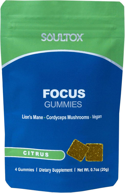 Soultox Focus Lion's Mane Gummies, Single Pack | Citrus Flavor Vegan Formulation with Organic Lions Mane and Cordyceps