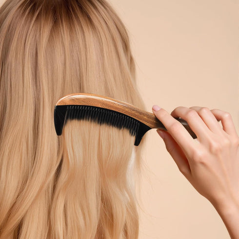Onedor Handmade Hair Combs - Buffalo Horn and Sandalwood, Anti-Static Wooden Detangler (Fine Tooth)