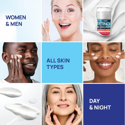 Retinol Cream with Hyaluronic Acid, Day-Night Anti-Aging Moisturizer for Women & Men, Collagen Cream, 1.85 Oz