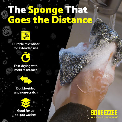 Squeezzee Soap Filled Scrubber Sponges, 2-Pack Non Scratch with Built-in Dish Soap, Up to 300 Washes