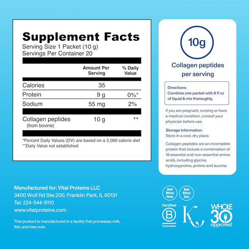 Vital Proteins Collagen Peptides Powder Supplement (Type I, III) Travel Packs, 10g per Serving, Unflavored (20ct)