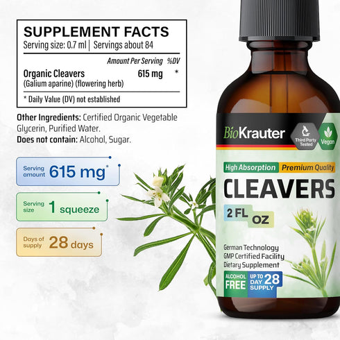 Cleavers Leaf Tincture, Organic Cleavers Herb Liquid Extract, Natural Body Detox, Vegan Drops, 2 Fl.Oz.