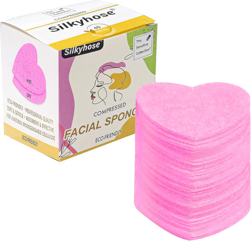 Women 60-Count Compressed Cellulose Heart Shape Face Sponges - 100% Natural Cosmetic Sponges for Cleansing &