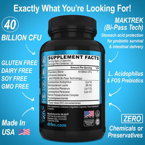Probiotic Supplement | 40 Billion CFU - Lactobacillus Acidophilus Probiotics for Women & Men Capsules - Gluten Free