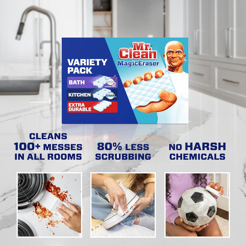 Pack 12 Count Mr. Clean Magic Eraser Variety (with Bath, Kitchen, and Extra Durable Cleaning Pads), Bathroom, Shower