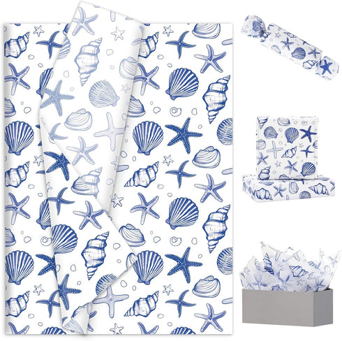 JarThenaAMCS 100 Sheets Blue Ocean Tissue Paper, Sea Shell Starfish Gift Wrapping for Wedding Birthday Summer Party