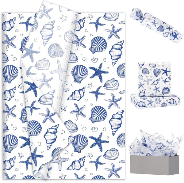 JarThenaAMCS 100 Sheets Blue Ocean Tissue Paper, Sea Shell Starfish Gift Wrapping for Wedding Birthday Summer Party