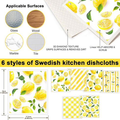 6 Pack Swedish Dishcloths for Kitchen, Reusable Absorbent Cellulose Cleaning Sponge Cloths, Biodegradable