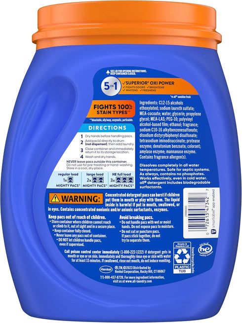 all Laundry Detergent Pacs, Fresh Clean Oxi plus Odor Lifter, 60 Count (Packaging May Vary)